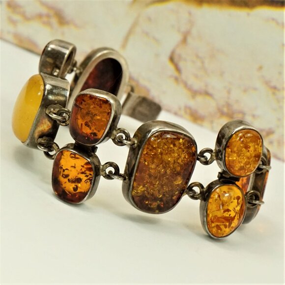 82g Rare Multi Amber and 925 Silver Heavy Link BRACELET - OOAK Gift For Her - Picture 7 of 16